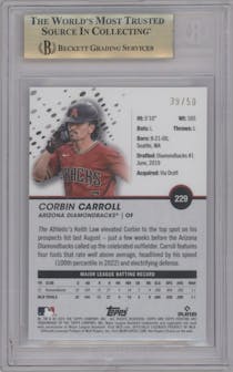 Corbin Carroll from the 2023 Topps Pristine set featuring a Gold Refractor parallel graded by Beckett and given an overall grade of 9.5.