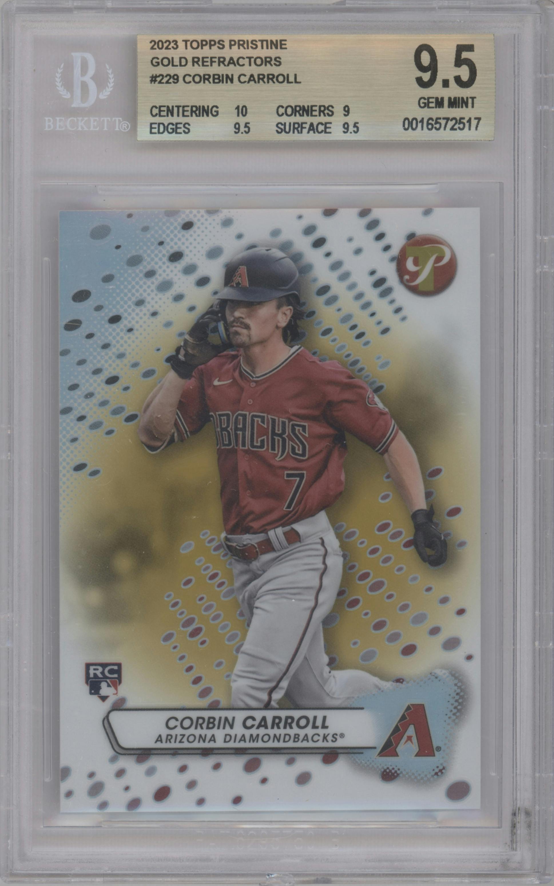 Corbin Carroll from the 2023 Topps Pristine set featuring a Gold Refractor parallel graded by Beckett and given an overall grade of 9.5.