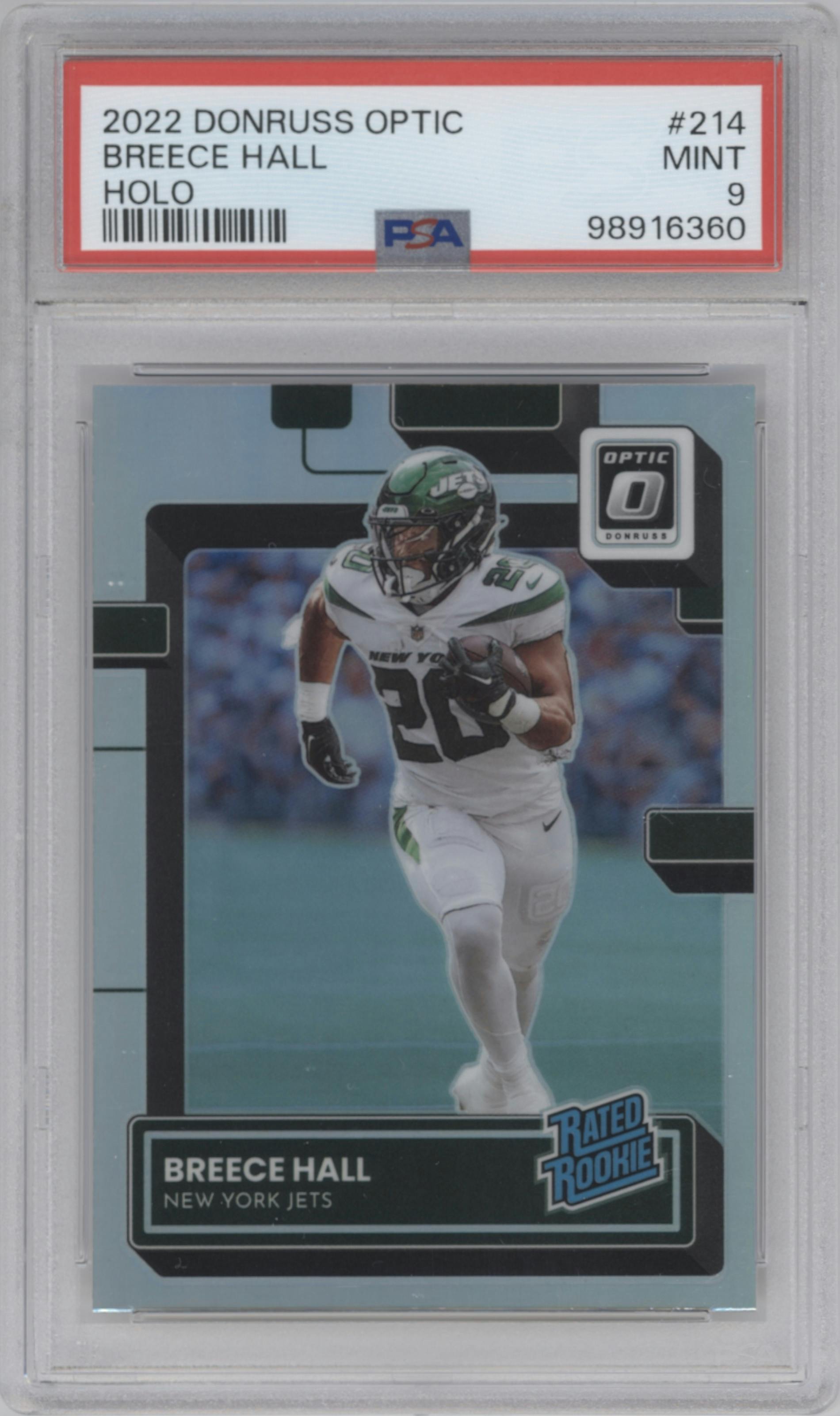 Breece Hall from the 2022 Panini Donruss Optic set featuring a Holo parallel graded by PSA and given an overall grade of 9.