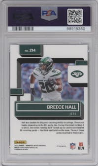 Breece Hall from the 2022 Panini Donruss Optic set featuring a Holo parallel graded by PSA and given an overall grade of 9.