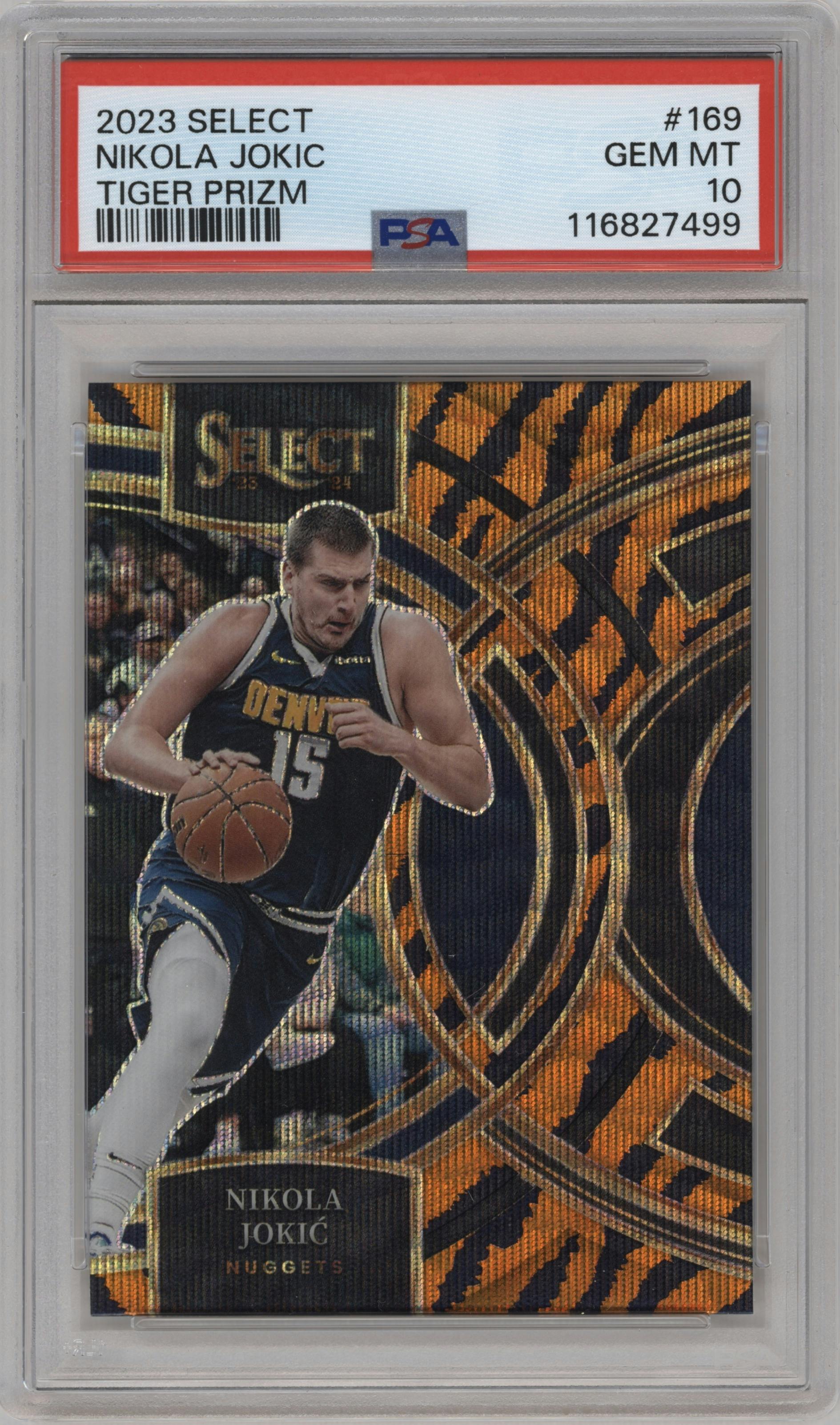 Nikola Jokic from the 2023-24 Panini Select  set featuring a Tiger parallel graded by PSA and given an overall grade of 10.