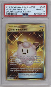 Lillie's Poke Doll from the 2019 Pokemon S&M  set graded by PSA and given an overall grade of 10.