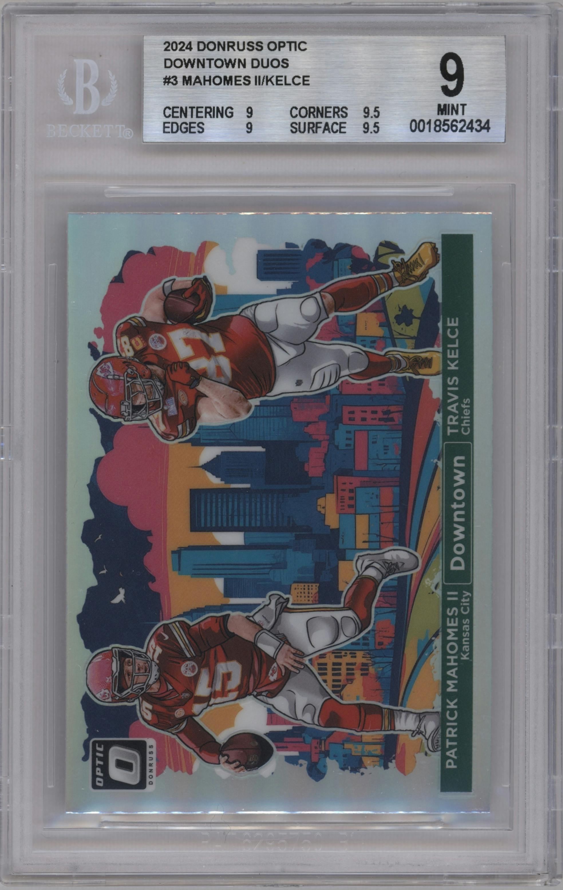 Patrick Mahomes II/Travis Kelce from the 2024 Donruss Optic set graded by Beckett and given an overall grade of 9.