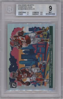 Patrick Mahomes II/Travis Kelce from the 2024 Donruss Optic set graded by Beckett and given an overall grade of 9.