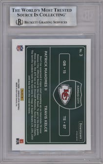 Patrick Mahomes II/Travis Kelce from the 2024 Donruss Optic set graded by Beckett and given an overall grade of 9.