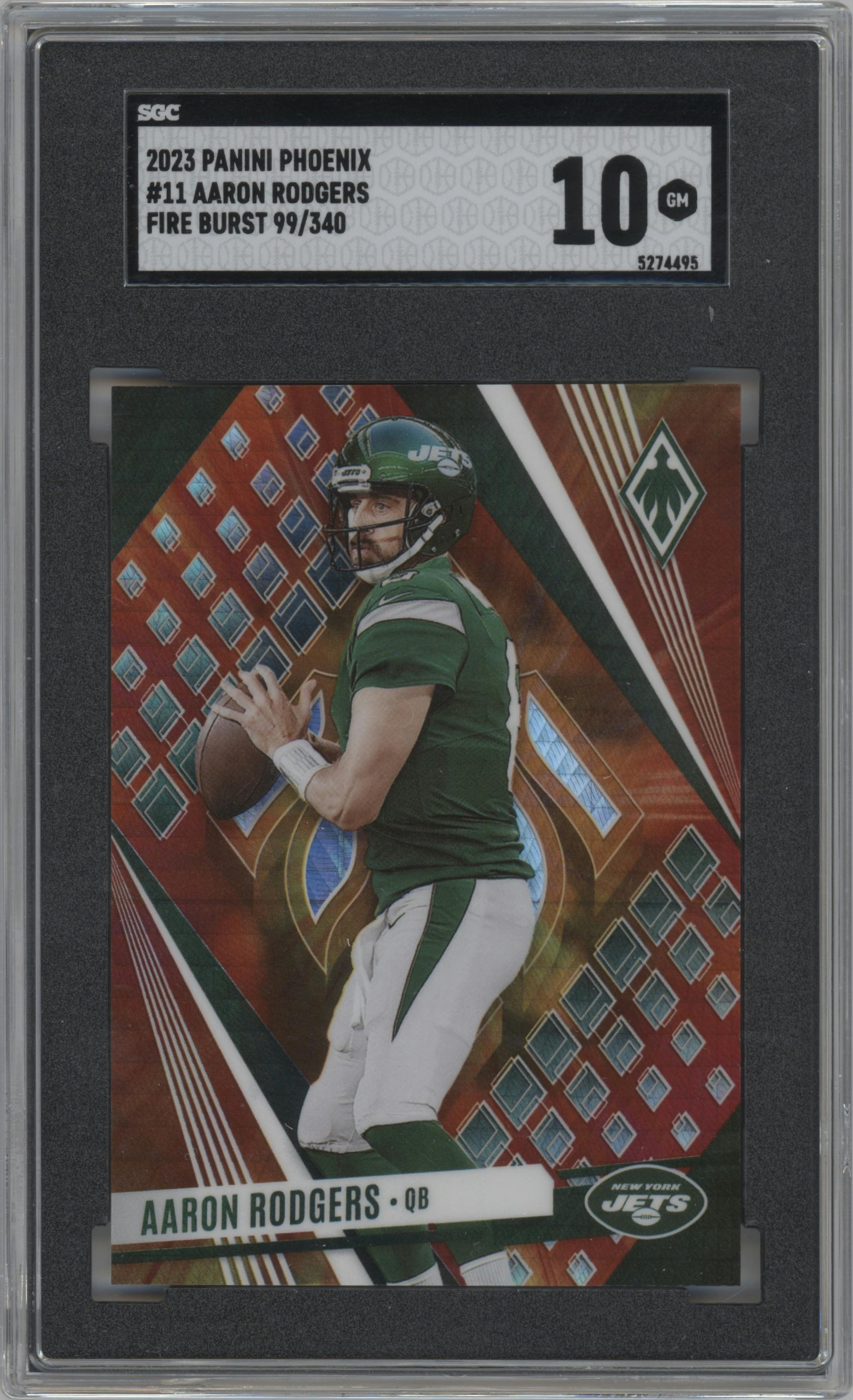 Aaron Rodgers from the 2023 Panini Phoenix set featuring a Fire Burst parallel graded by SGC and given an overall grade of 10.