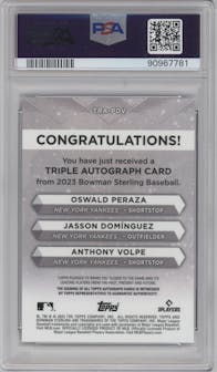 O Peraza/J Dominguez/A Volpe from the 2023 Bowman Sterling set graded by PSA and given an overall grade of 10.