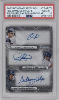 O Peraza/J Dominguez/A Volpe from the 2023 Bowman Sterling set graded by PSA and given an overall grade of 10.