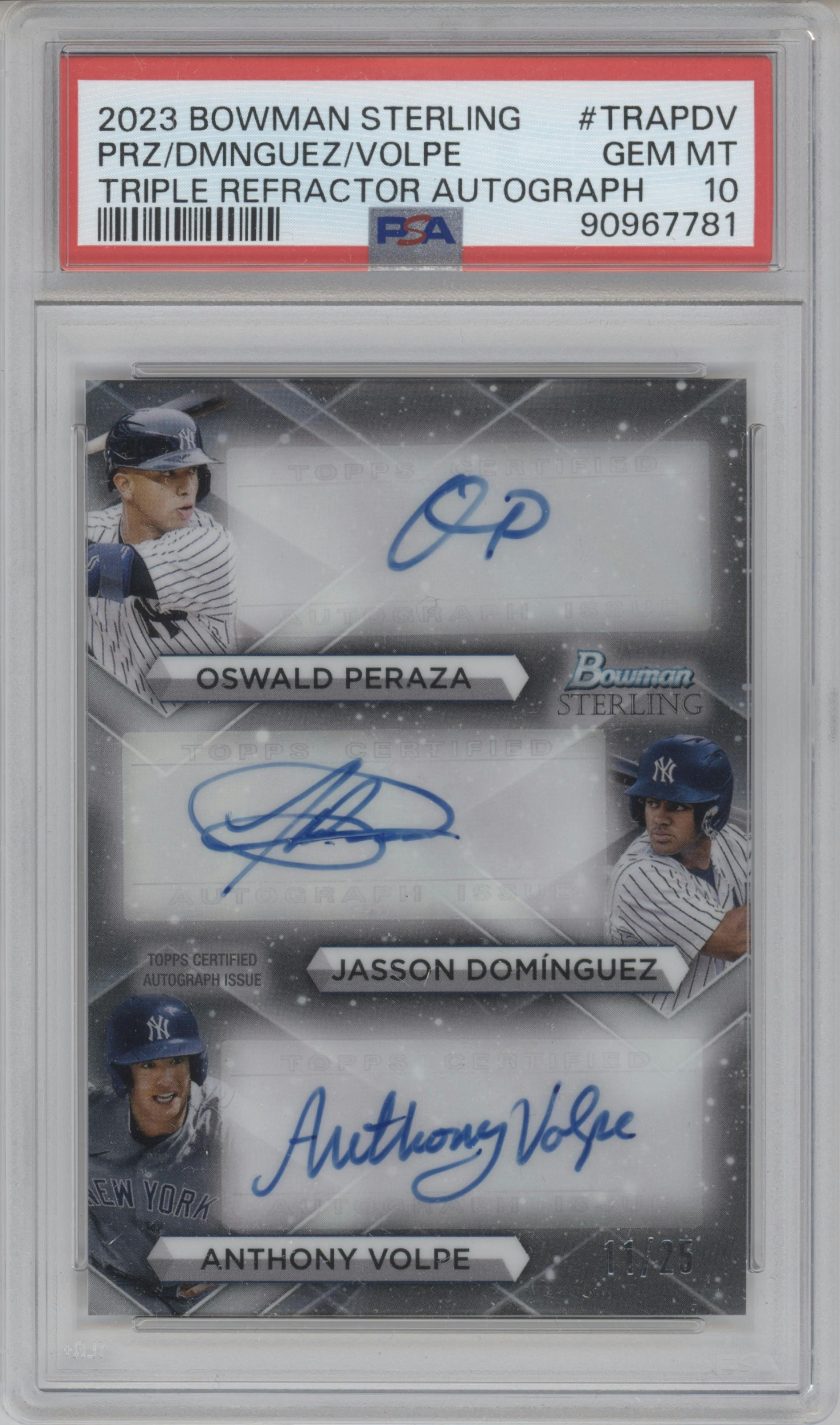 O Peraza/J Dominguez/A Volpe from the 2023 Bowman Sterling set graded by PSA and given an overall grade of 10.