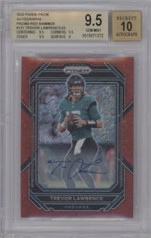 Trevor Lawrence from the 2022 Panini Prizm set featuring a Red Shimmer parallel graded by Beckett and given an overall grade of 9.5.