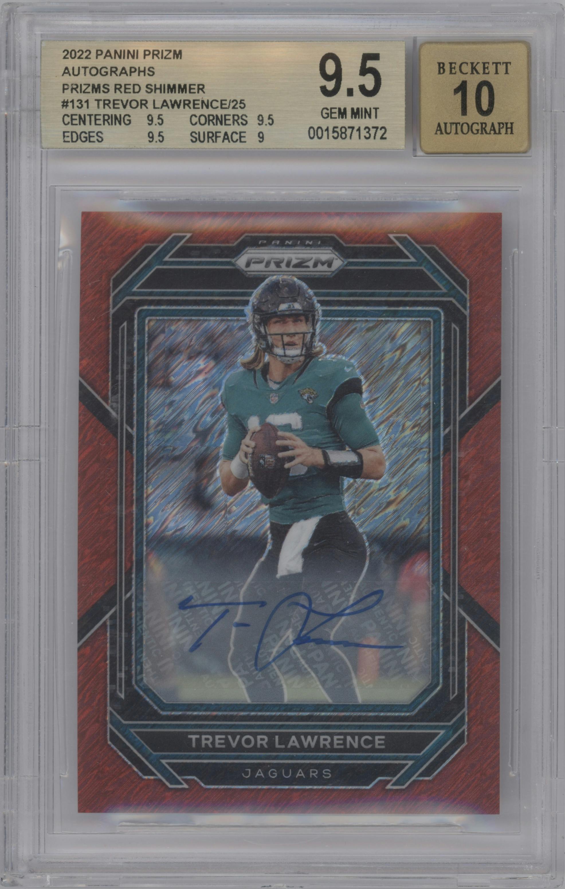 Trevor Lawrence from the 2022 Panini Prizm set featuring a Red Shimmer parallel graded by Beckett and given an overall grade of 9.5.