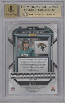 Trevor Lawrence from the 2022 Panini Prizm set featuring a Red Shimmer parallel graded by Beckett and given an overall grade of 9.5.