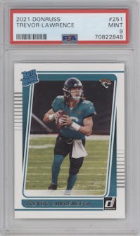 Trevor Lawrence from the 2021 Panini Donruss set graded by PSA and given an overall grade of 9.