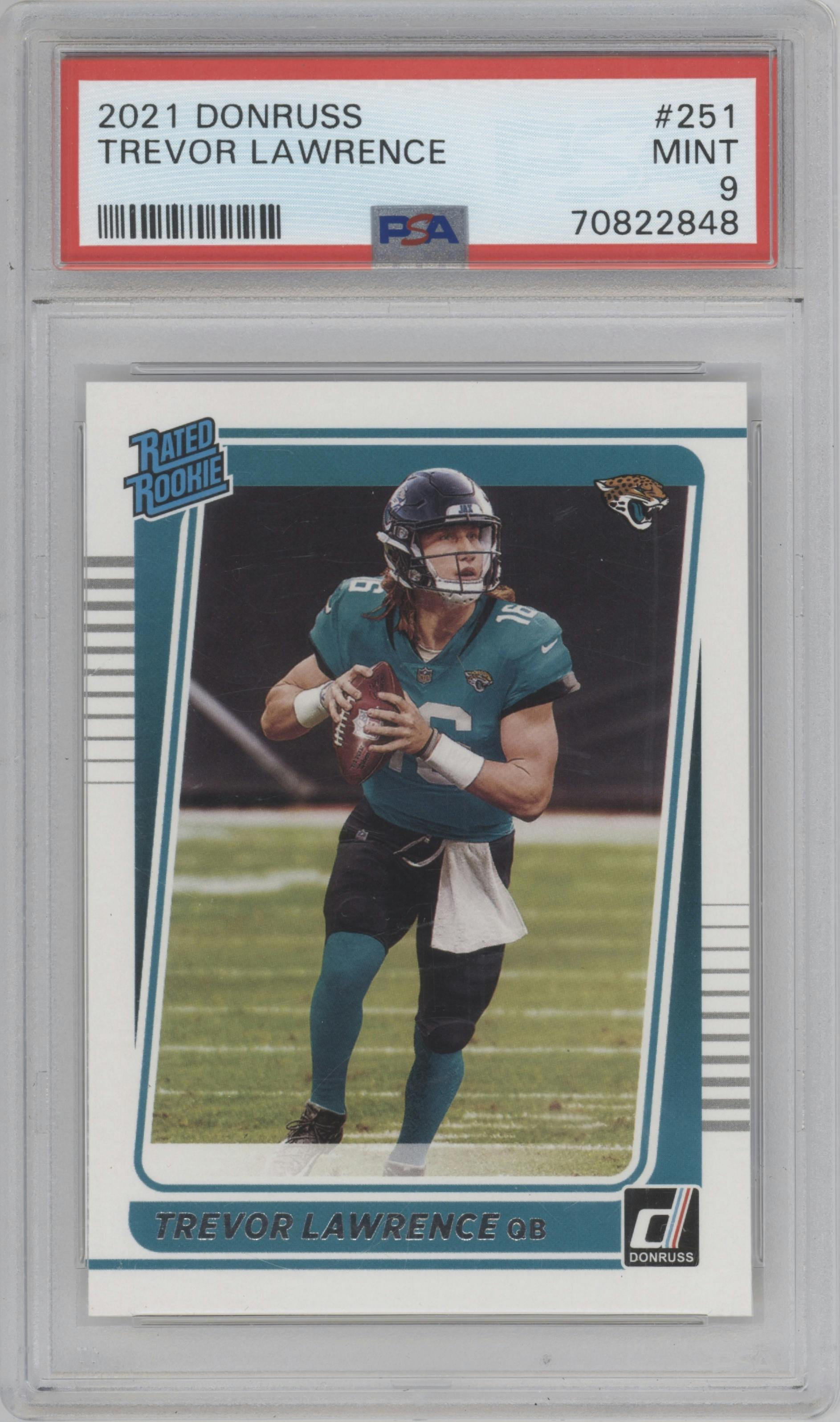 Trevor Lawrence from the 2021 Panini Donruss set graded by PSA and given an overall grade of 9.