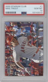 Mike Trout from the 2020 Topps Stadium Club set graded by PSA and given an overall grade of 10.