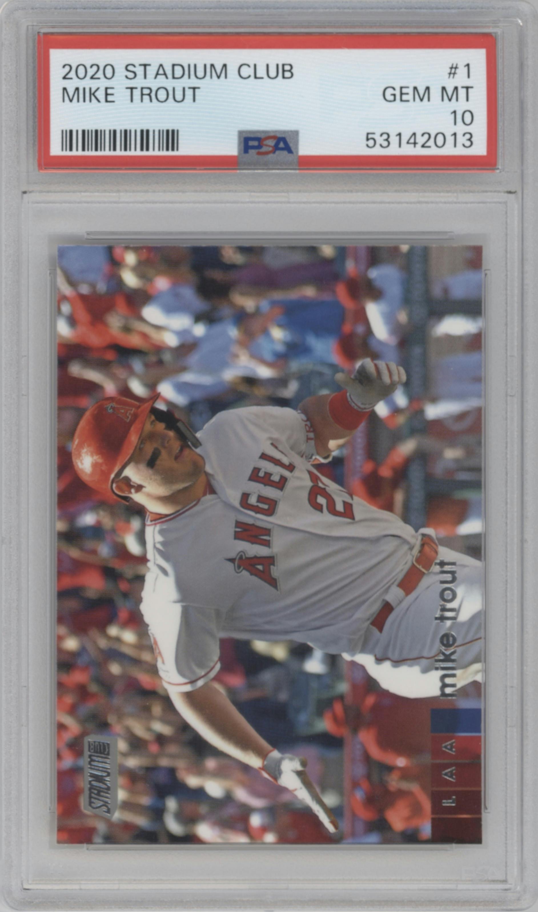 Mike Trout from the 2020 Topps Stadium Club set graded by PSA and given an overall grade of 10.