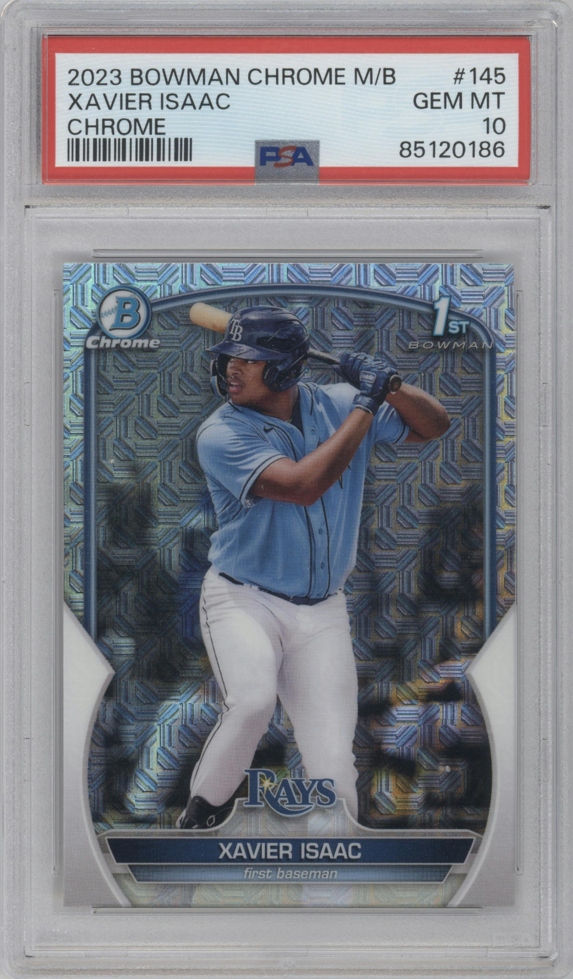 Xavier Isaac from the 2023 Bowman Mega Box set graded by PSA and given an overall grade of 10.