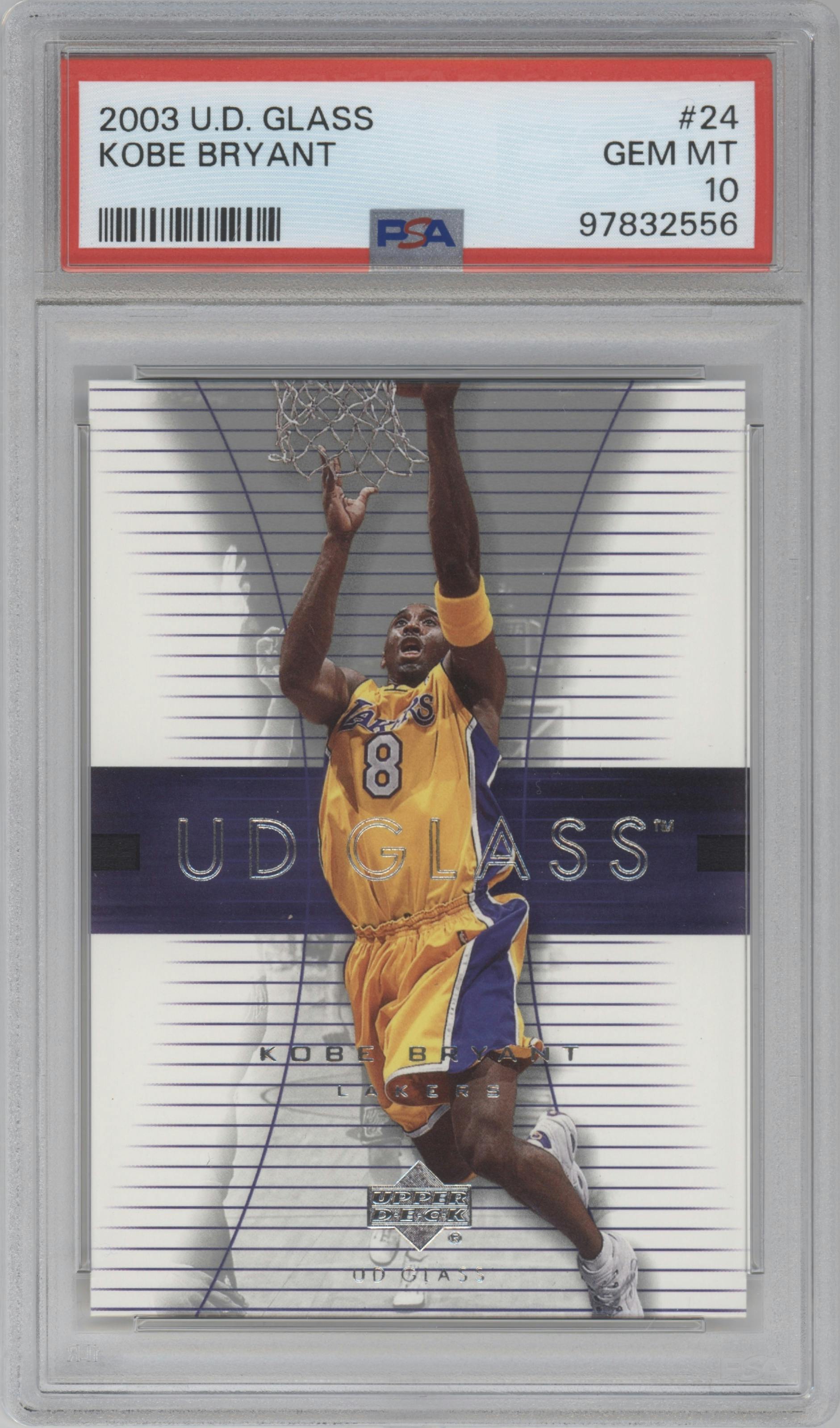Kobe Bryant from the 2003-04 Upper Deck Glass set graded by PSA and given an overall grade of 10.