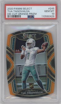 Tua Tagovailoa from the 2020 Panini Select set featuring a Die-Cut Orange parallel graded by PSA and given an overall grade of 10.