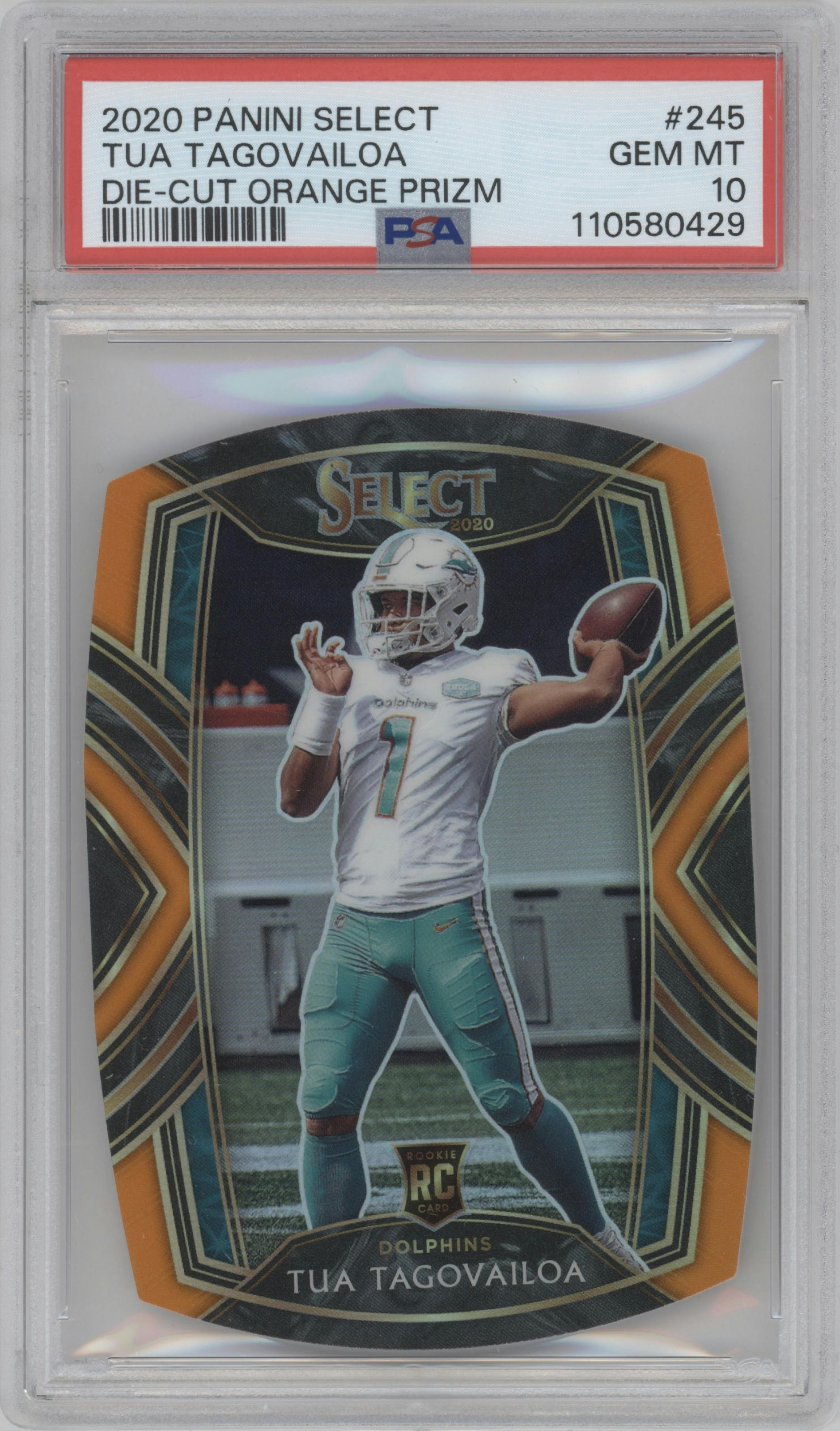 Tua Tagovailoa from the 2020 Panini Select set featuring a Die-Cut Orange parallel graded by PSA and given an overall grade of 10.