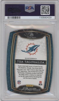Tua Tagovailoa from the 2020 Panini Select set featuring a Die-Cut Orange parallel graded by PSA and given an overall grade of 10.