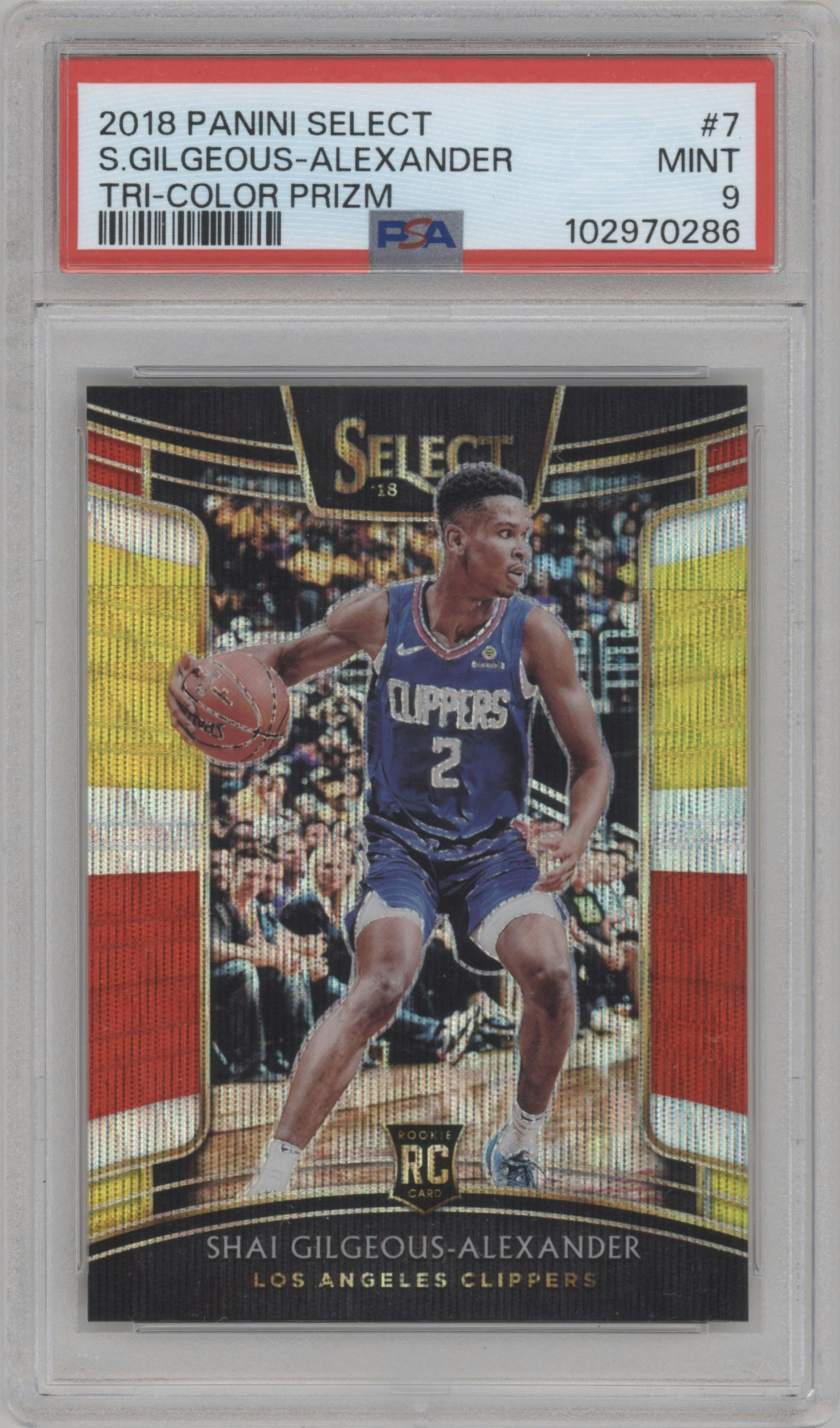Shai Gilgeous-Alexander from the 2018-19 Panini Select  set featuring a Tri-Color parallel graded by PSA and given an overall grade of 9.