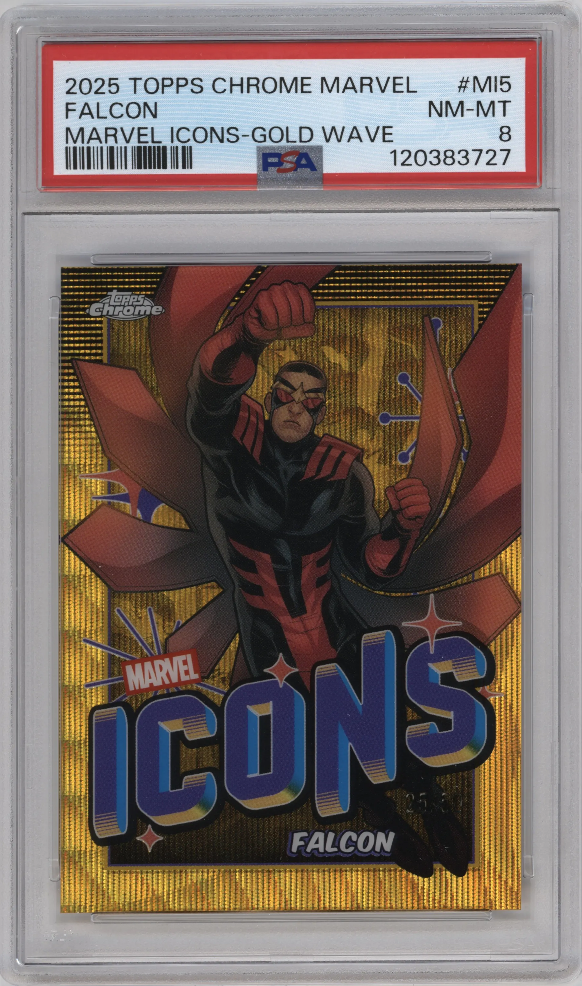 2025 Topps Chrome Marvel Marvel Icons Falcon Gold Wave PSA 8