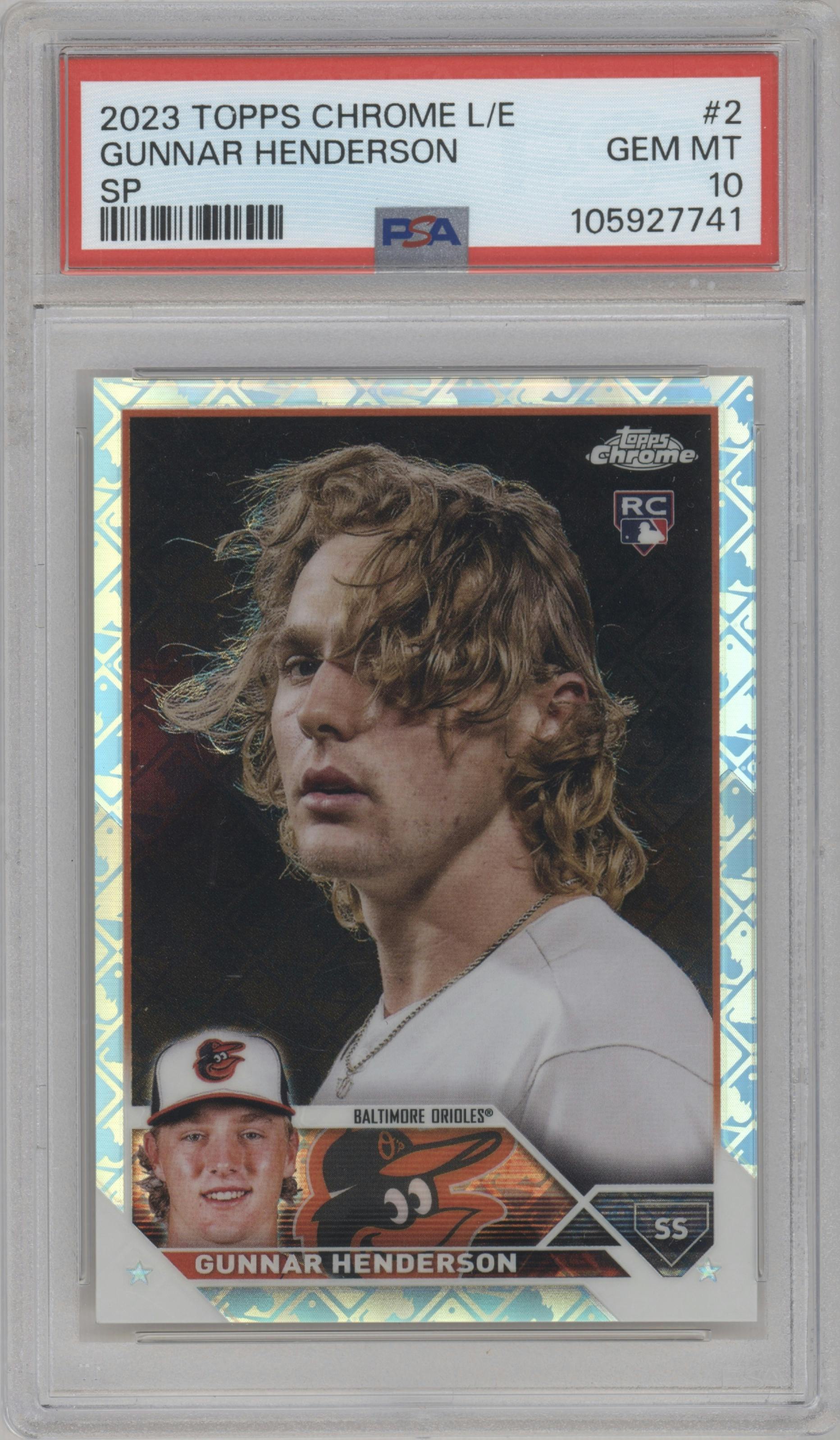 Gunnar Henderson from the 2023 Topps Chrome Logofractor Edition set graded by PSA and given an overall grade of 10.