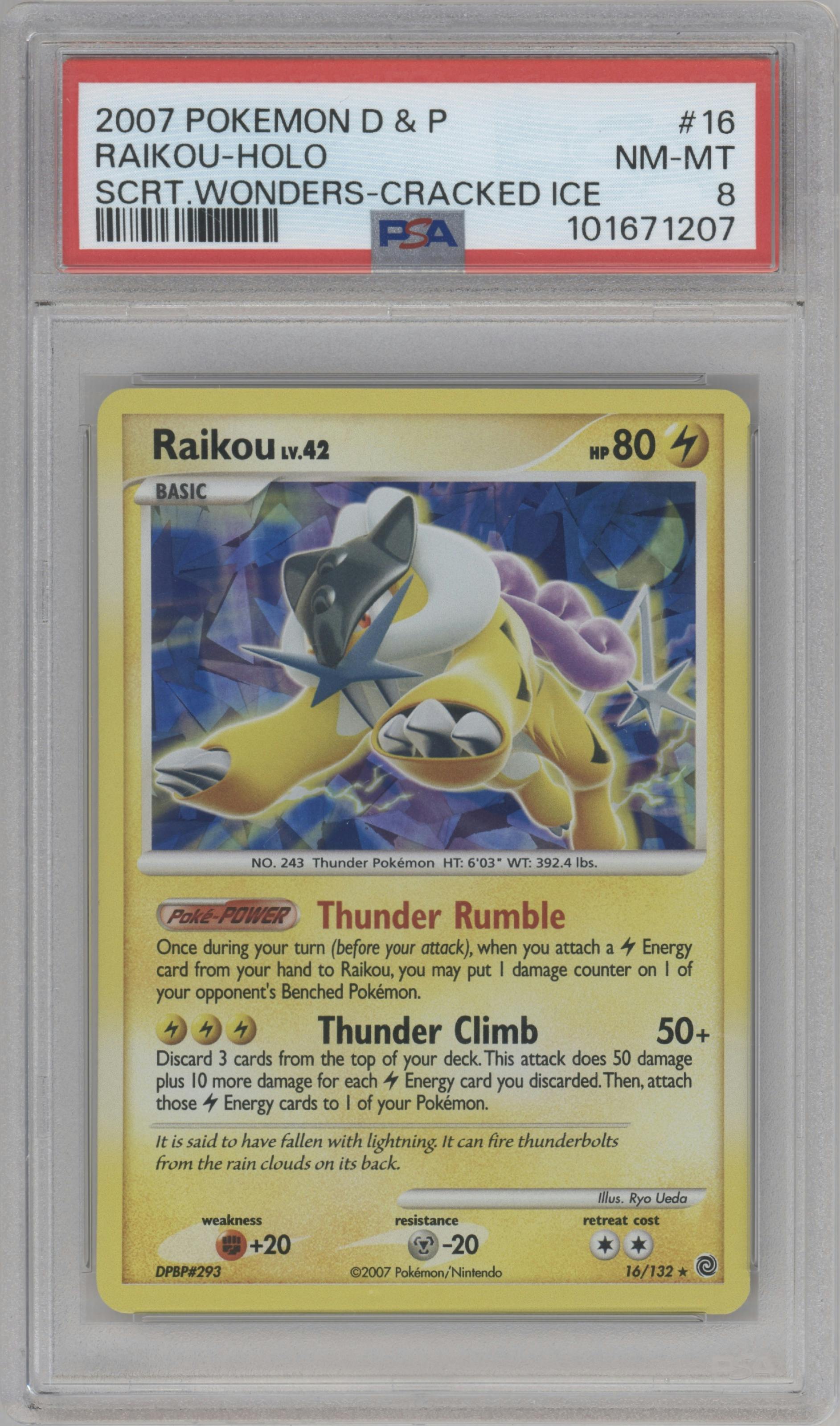 Raikou from the 2007 Pokemon D&P set graded by PSA and given an overall grade of 8.