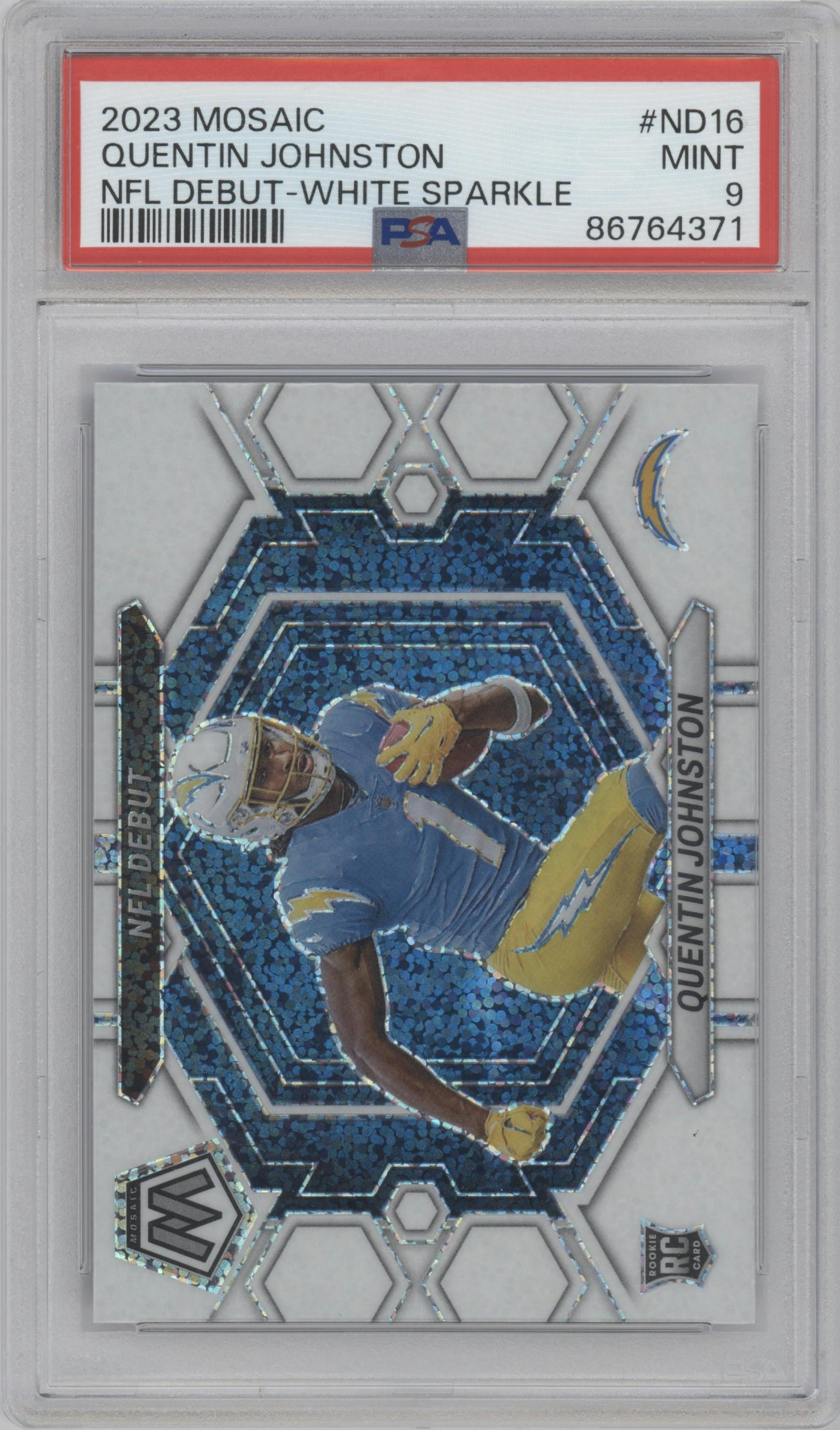 Quentin Johnston from the 2023 Panini Mosaic set featuring a White Sparkle parallel graded by PSA and given an overall grade of 9.