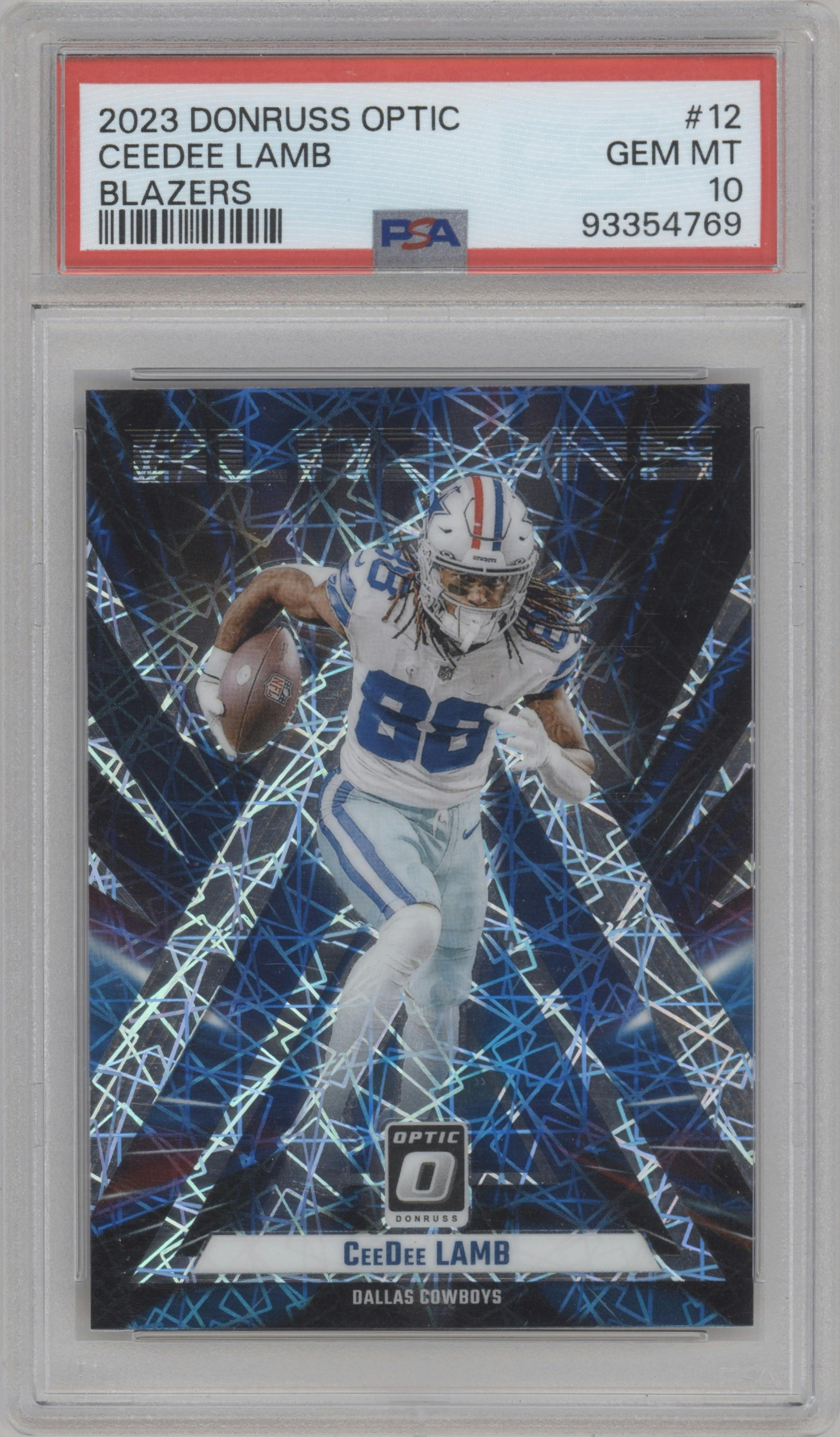 CeeDee Lamb from the 2023 Donruss Optic set graded by PSA and given an overall grade of 10.