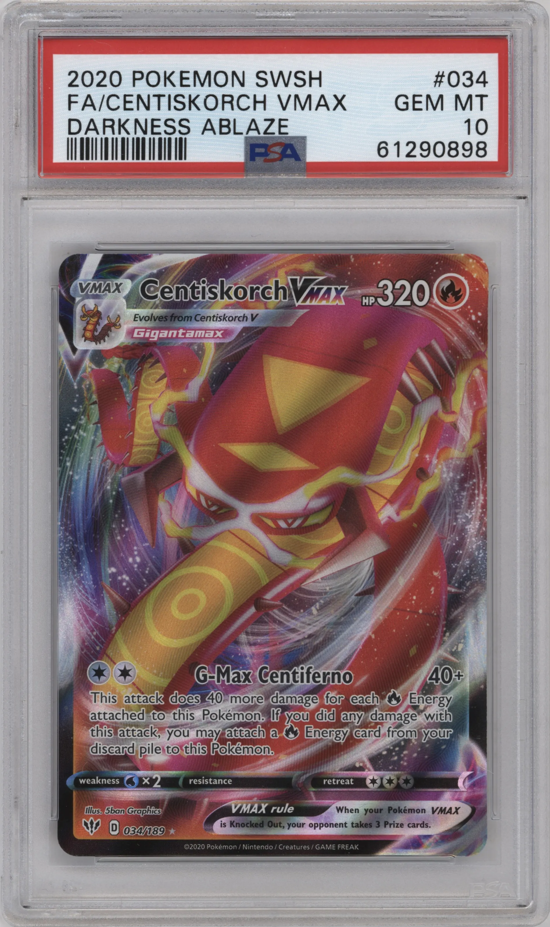 2020 Pokemon SWSH Darkness Ablaze Centiskorch VMAX PSA 10