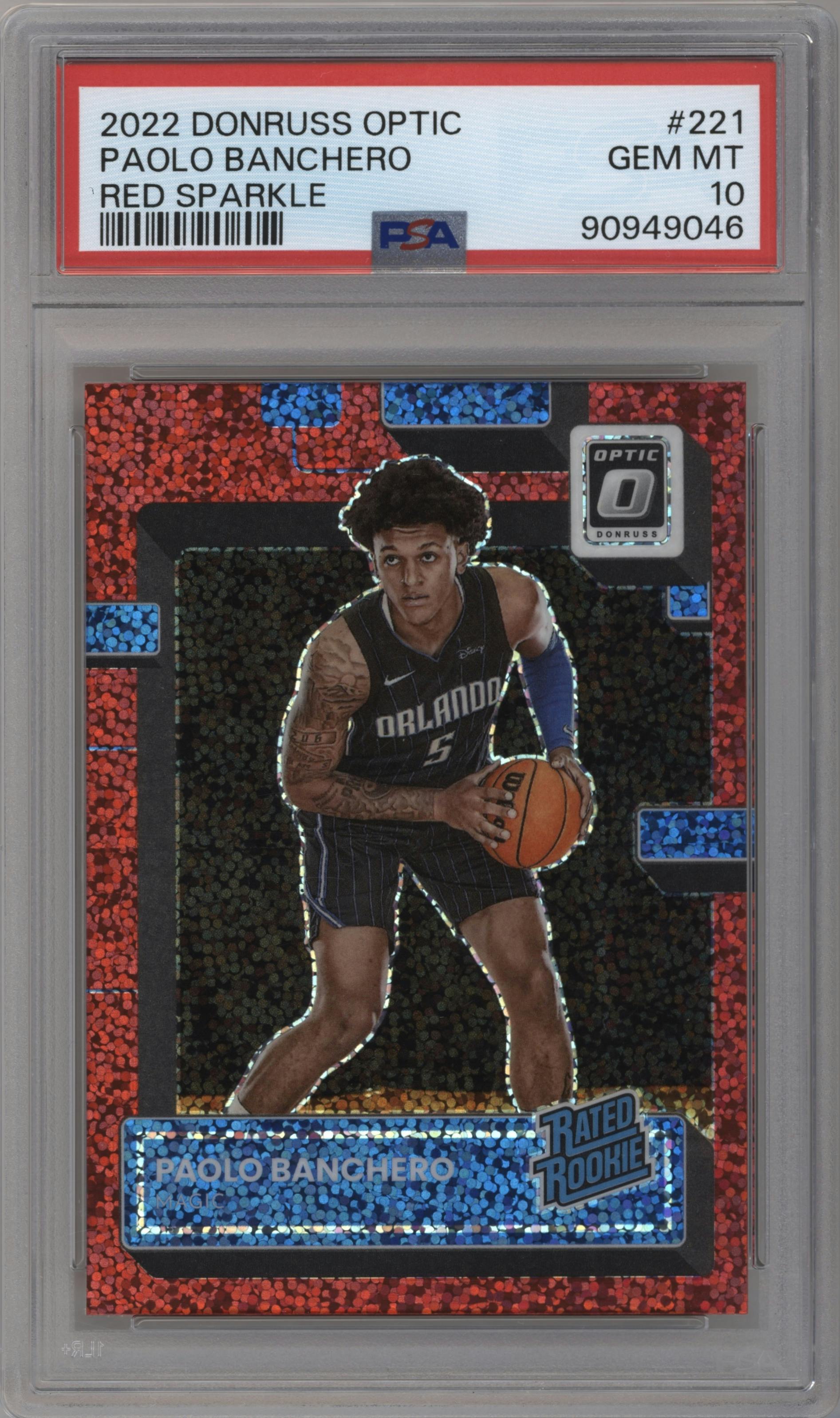 Paolo Banchero from the 2022-23 Panini Donruss Optic  set featuring a Red Sparkle parallel graded by PSA and given an overall grade of 10.