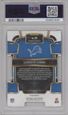 Jahmyr Gibbs from the 2023 Panini Select set featuring a Die-Cut Black & Green parallel graded by PSA and given an overall grade of 10.