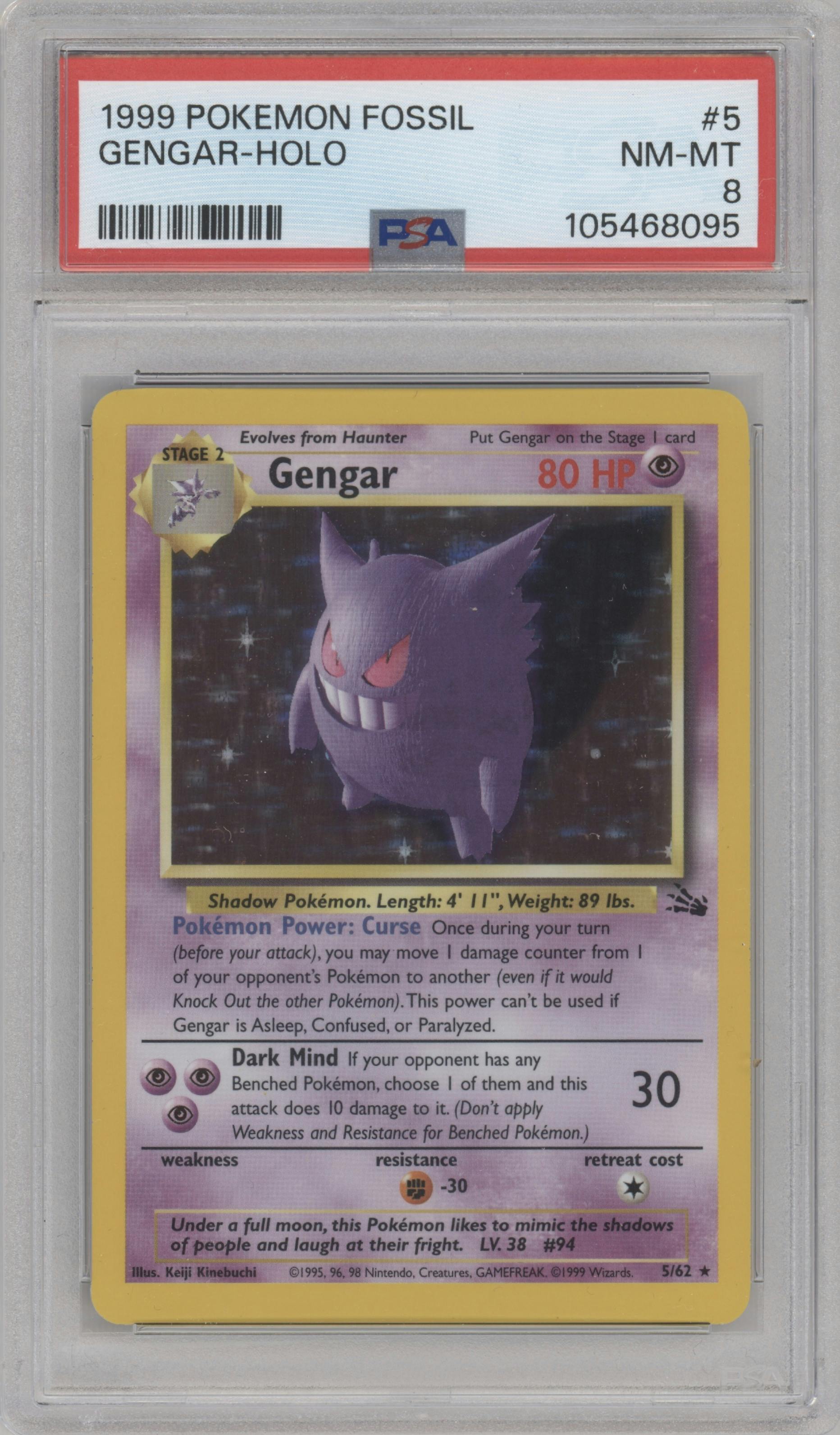Gengar from the 1999 Pokemon set graded by PSA and given an overall grade of 8.