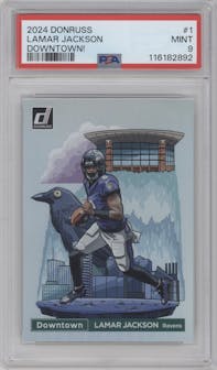 Lamar Jackson from the 2024 Donruss set graded by PSA and given an overall grade of 9.