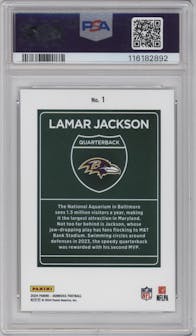 Lamar Jackson from the 2024 Donruss set graded by PSA and given an overall grade of 9.