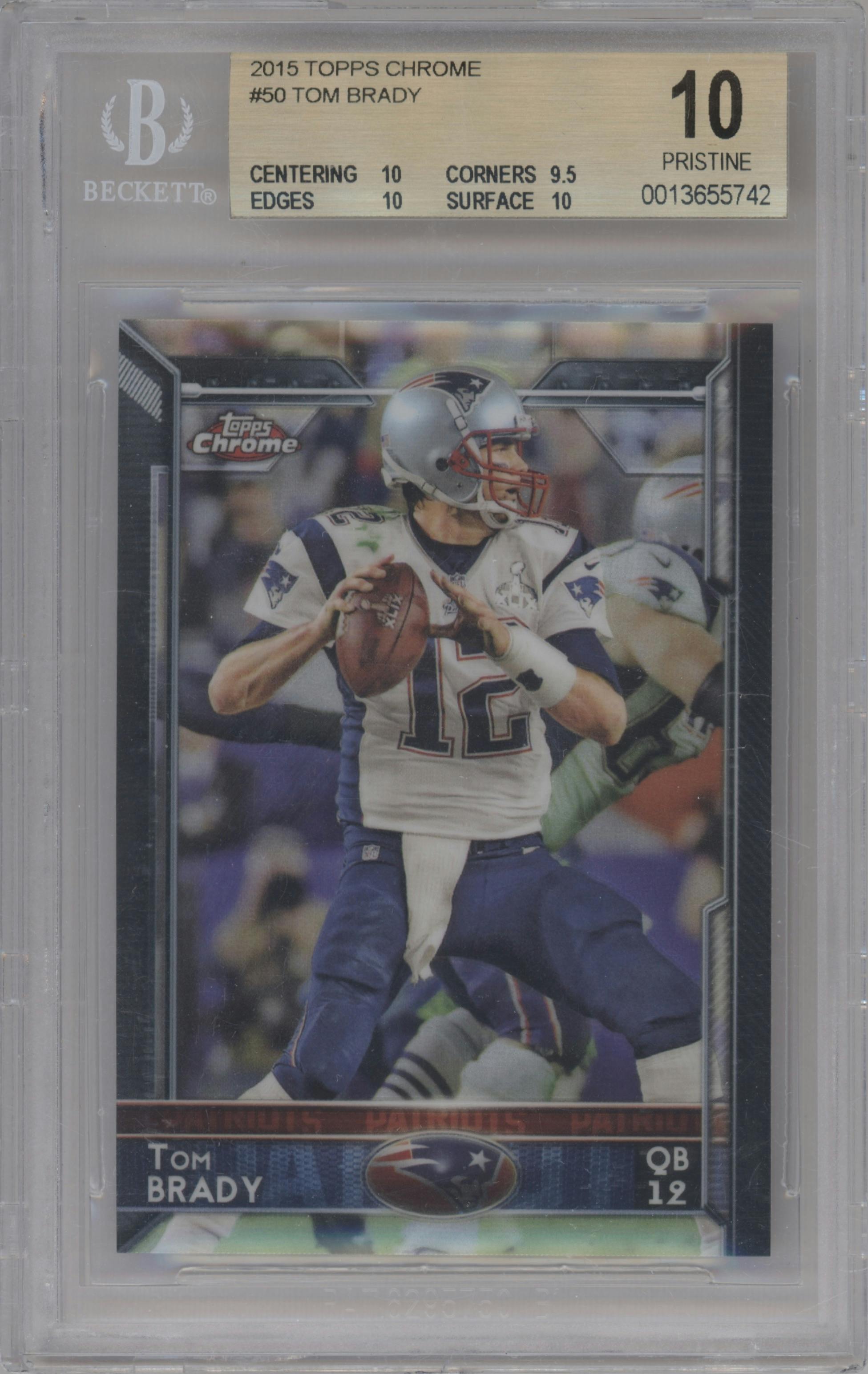 Tom Brady from the 2015 Topps Chrome set graded by Beckett and given an overall grade of 10.