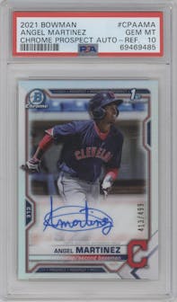 Angel Martinez from the 2021 Bowman set featuring a Refractor parallel graded by PSA and given an overall grade of 10.