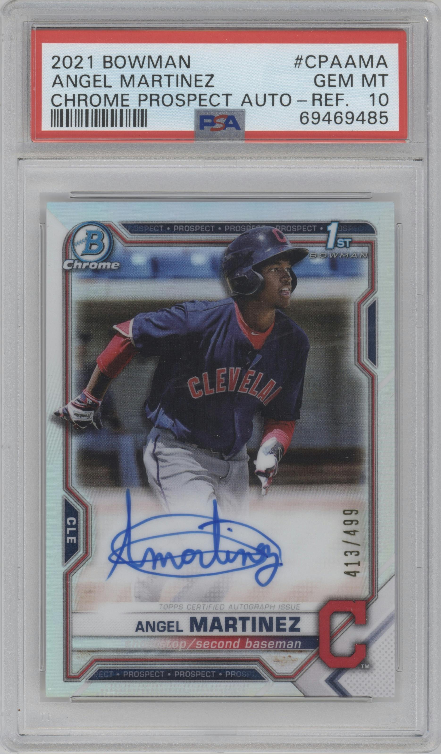 Angel Martinez from the 2021 Bowman set featuring a Refractor parallel graded by PSA and given an overall grade of 10.