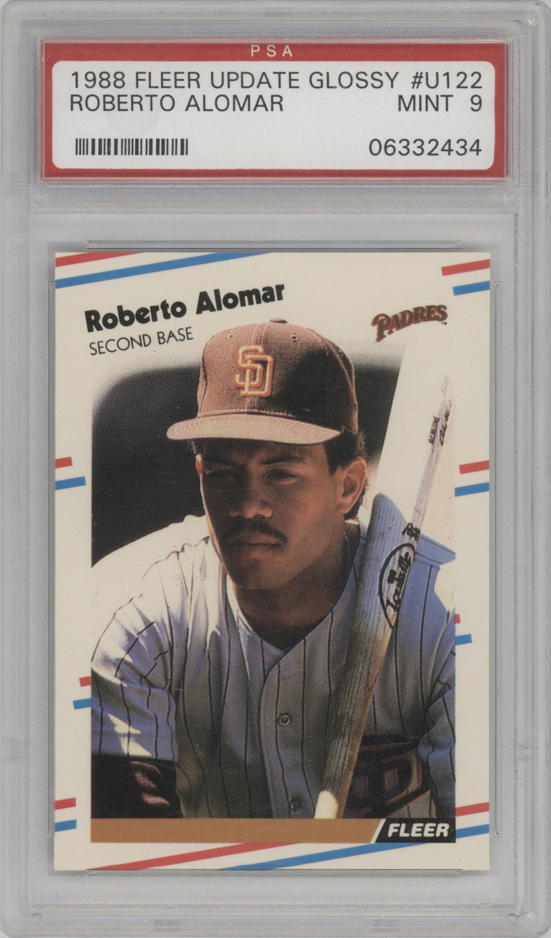 Roberto Alomar  from the 1988 Fleer Update set featuring a Glossy parallel graded by PSA and given an overall grade of 9.