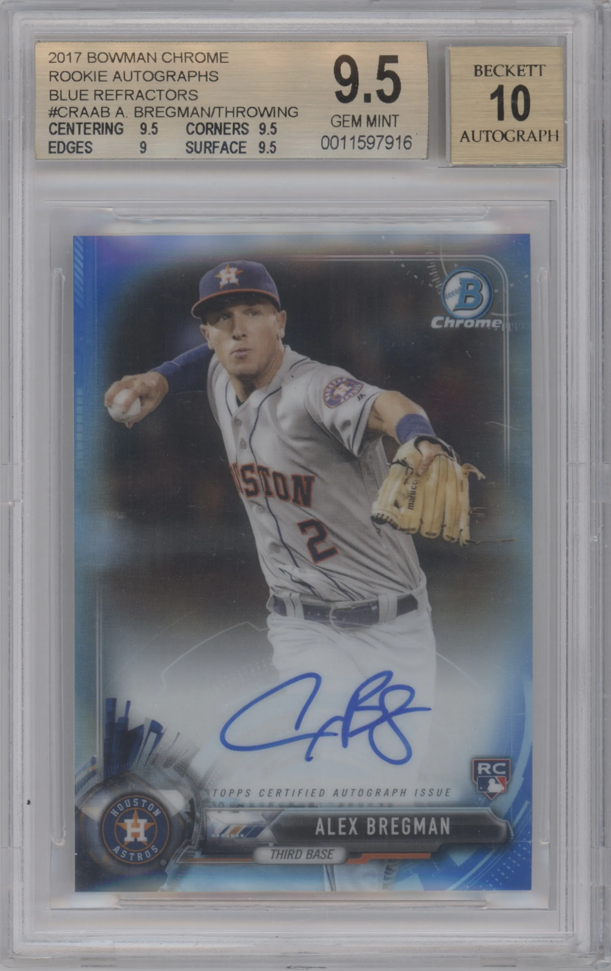 2017 Bowman Chr.Rke.Auto Alex Bregman Blue Refractor #CRA-AB BGS 9.5