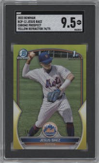 Jesus Baez from the 2023 Bowman  set featuring a Yellow Refractor  parallel graded by SGC and given an overall grade of 9.5.