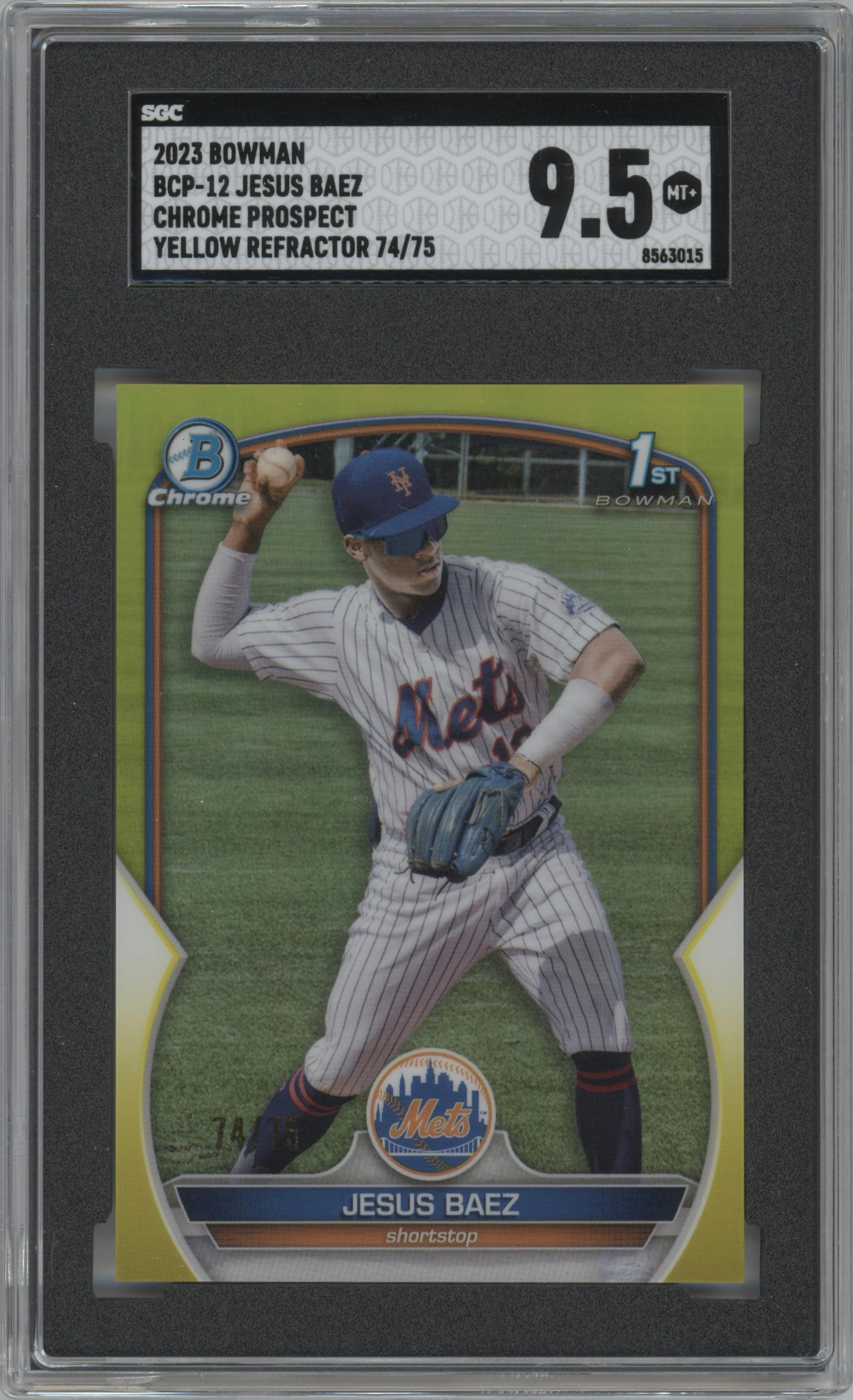 Jesus Baez from the 2023 Bowman  set featuring a Yellow Refractor  parallel graded by SGC and given an overall grade of 9.5.