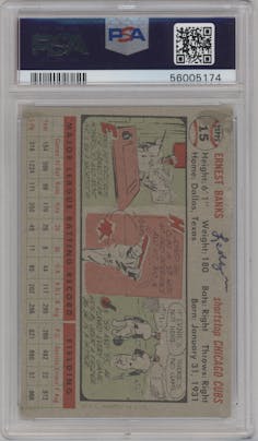 Ernie Banks from the 1956 Topps set featuring a Gray Back parallel graded by PSA and given an overall grade of 4.