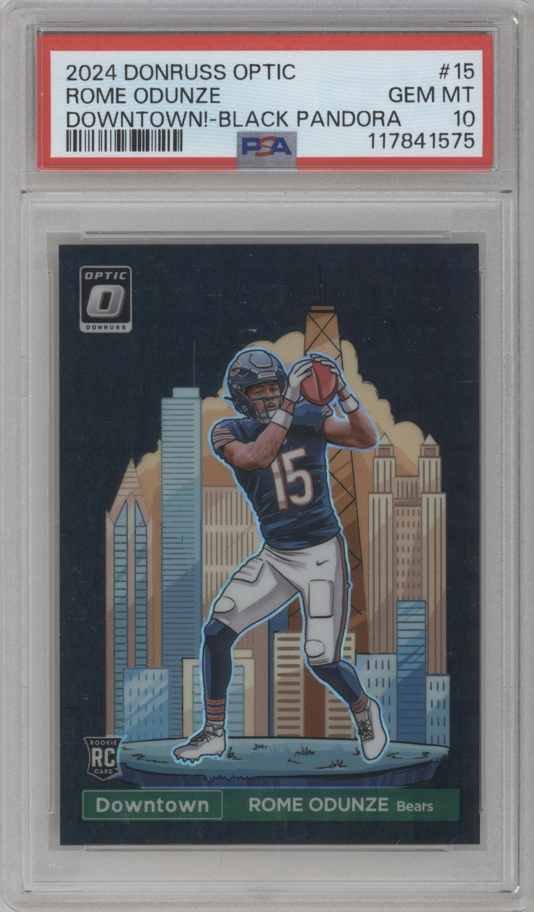 Rome Odunze from the 2024 Donruss Optic set featuring a Black Pandora parallel graded by PSA and given an overall grade of 10.