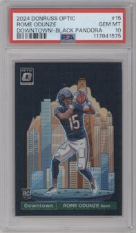 Rome Odunze from the 2024 Donruss Optic set featuring a Black Pandora parallel graded by PSA and given an overall grade of 10.