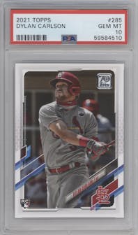Dylan Carlson from the 2021 Topps Series 1 set graded by PSA and given an overall grade of 10.