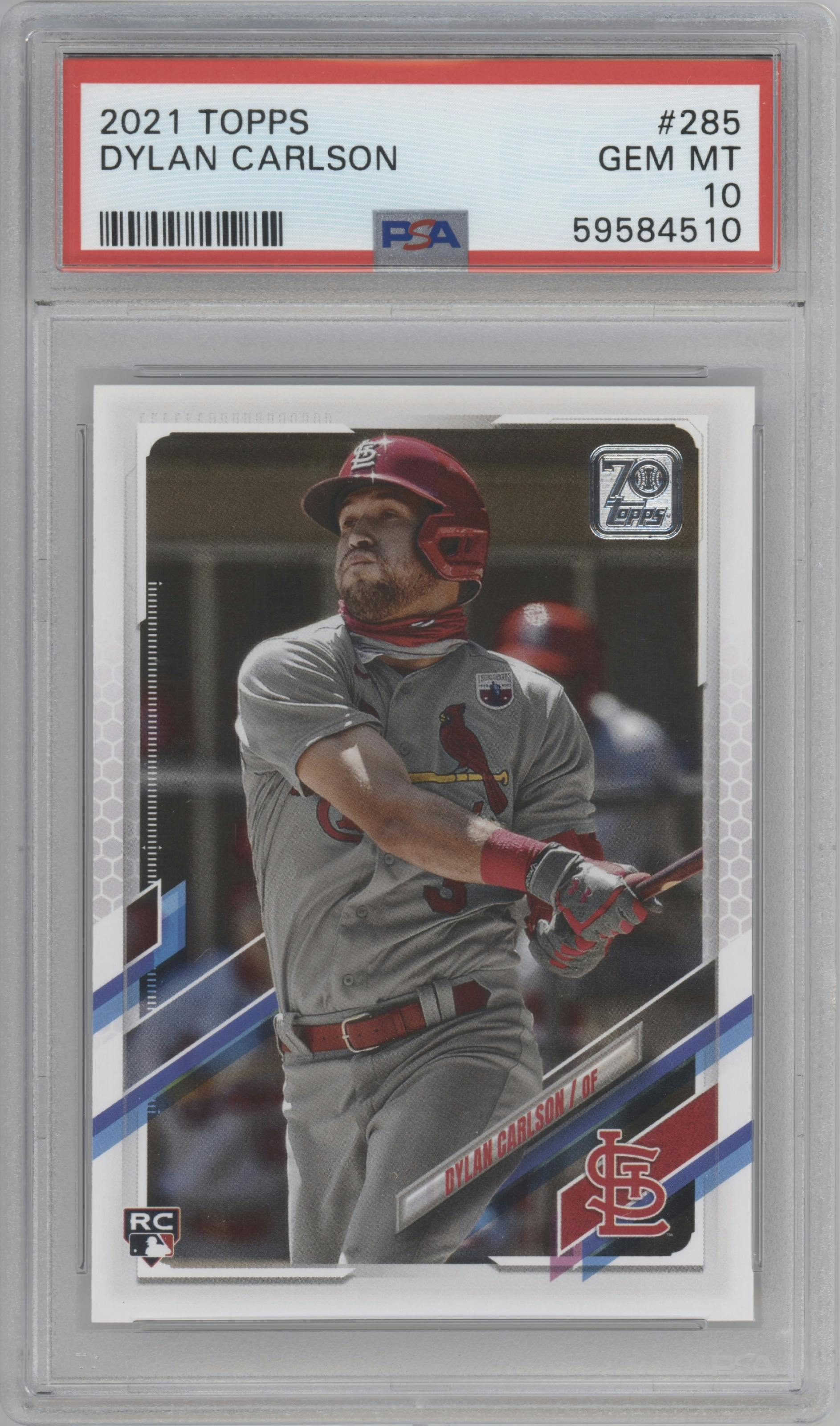 Dylan Carlson from the 2021 Topps Series 1 set graded by PSA and given an overall grade of 10.