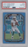 Tua Tagovailoa from the 2020 Panini Prizm set featuring a Light Blue Prizm parallel graded by PSA and given an overall grade of 10.